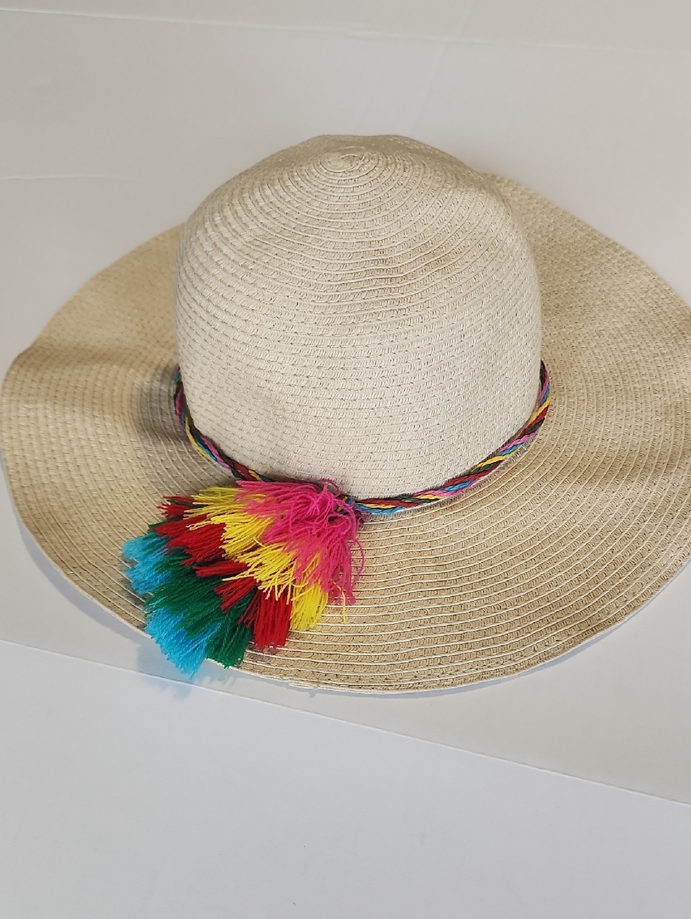 Natural Straw Sun Hat with Colorful Braided Band and Tassel Trim